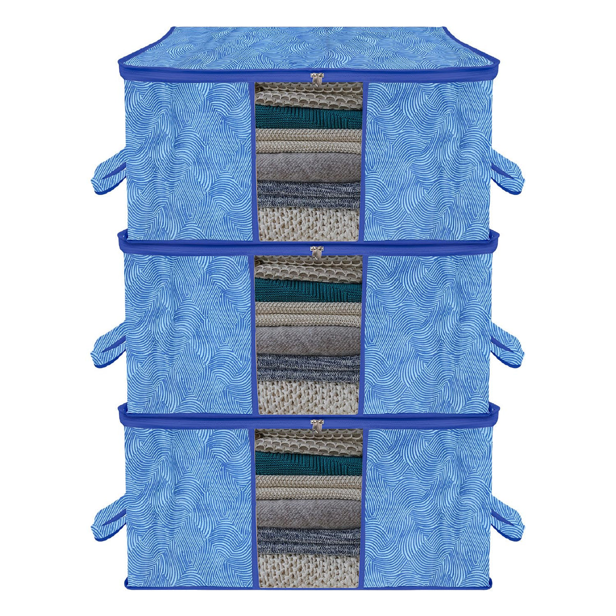 Heart Home Underbed Storage Bag | Clothes Storage Organizer | Blanket Cover with Clear Window | Zipper Closure & Handle Cloth Organizer | Lahariya-Design | Large | Pack of 3 | Blue