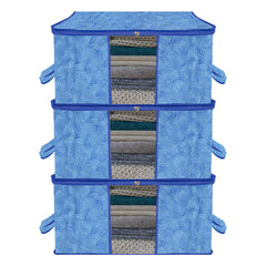 Heart Home Underbed Storage Bag | Clothes Storage Organizer | Blanket Cover with Clear Window | Zipper Closure & Handle Cloth Organizer | Lahariya-Design | Large | Pack of 3 | Blue