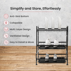 Kuber Industries 3-Layer Dish Drying Rack|Storage Rack for Kitchen Counter|Drainboard & Cutting Board Holder|Premium Utensils Basket|Free Mounting Pack of 2 (Black)