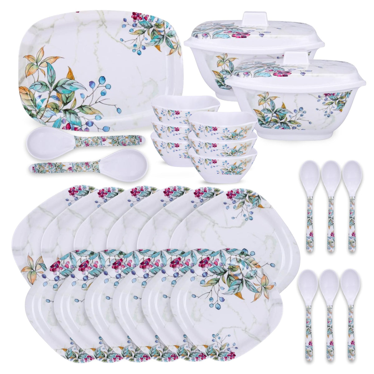 Kuber Industries 31 Pieces Square Unbreakable Microwave & Dishwasher Safe Melamine Dinnerware Kitchen Crockery Set | Glossy Dinner Sets & Kitchen Set for Home | Green Floral - White