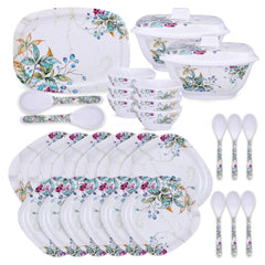 Kuber Industries 31 Pieces Square Unbreakable Microwave & Dishwasher Safe Melamine Dinnerware Kitchen Crockery Set | Glossy Dinner Sets & Kitchen Set for Home | Green Floral - White
