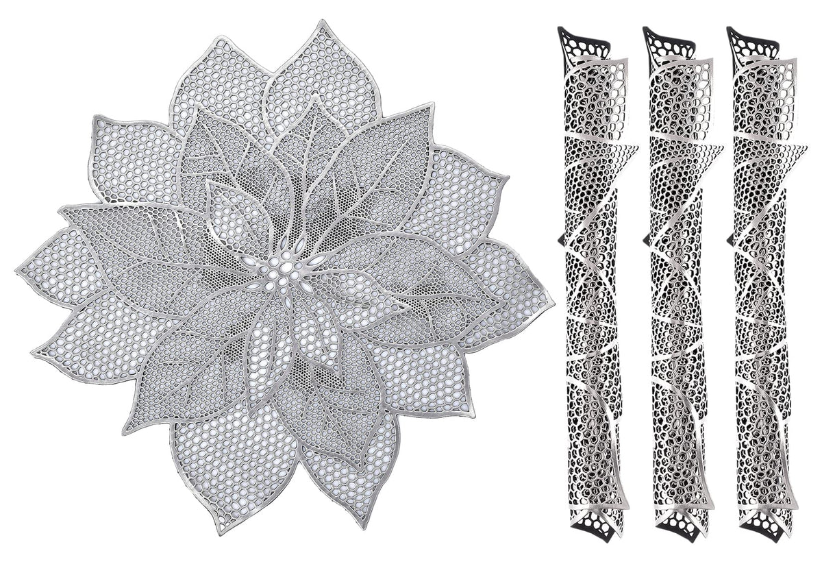 Kuber Industries Flower Design Dining Table Mats 4 Pieces | Anti Slip & Heat Resistant Mats for Dining Table | Smooth Surface Food Plate Pads for Dinner | PVC Bed Side Table Mats for Bedroom (Silver)