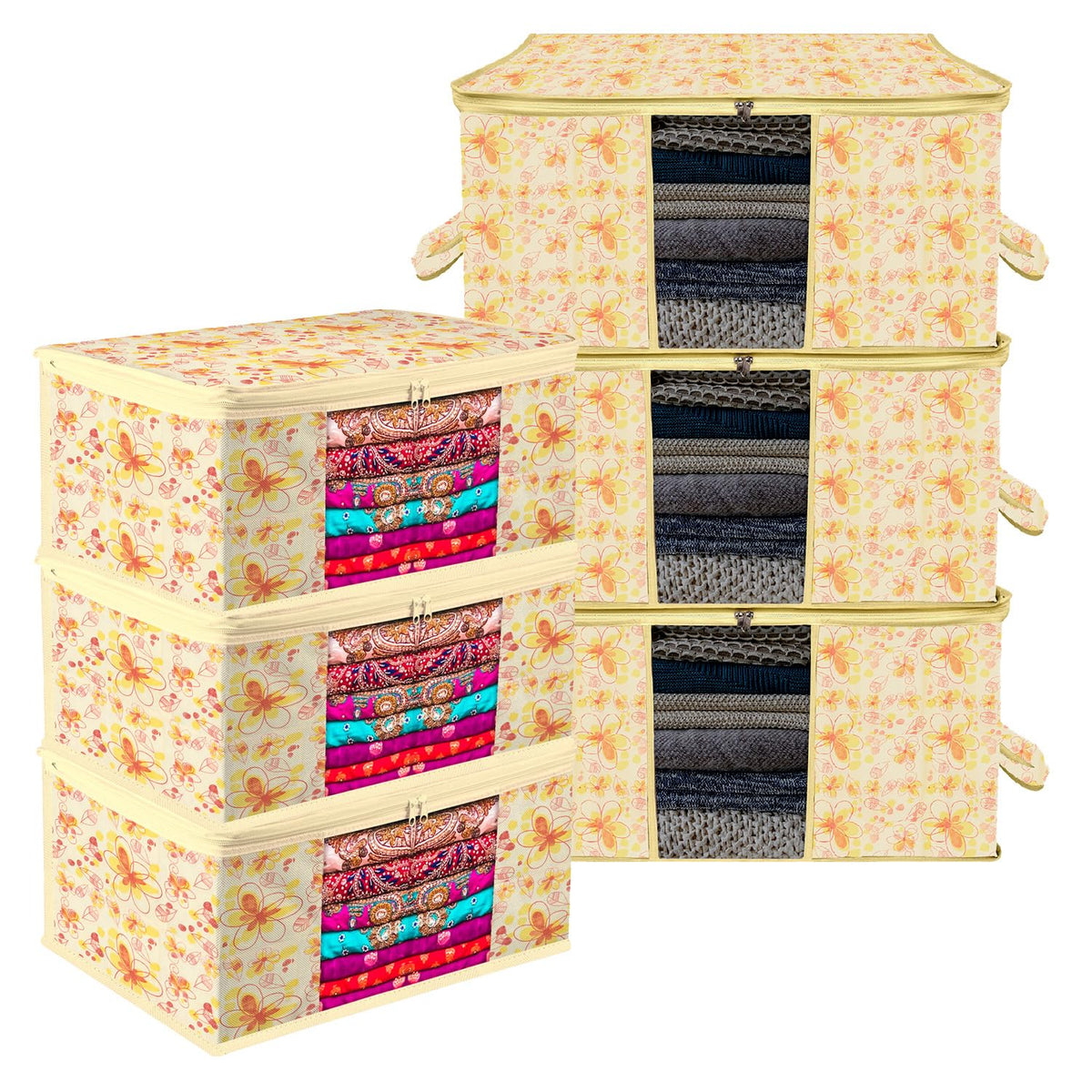 Heart Home Saree Cover & Underbed Stoarge Bag Set | 3 Pieces Saree & 3 Pieces Underbed Storage Bag Combo Set | Zipper Closure & Handle | Red Flower-Design | Set of 6 | Ivory