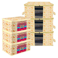 Heart Home Saree Cover & Underbed Stoarge Bag Set | 3 Pieces Saree & 3 Pieces Underbed Storage Bag Combo Set | Zipper Closure & Handle | Red Flower-Design | Set of 6 | Ivory