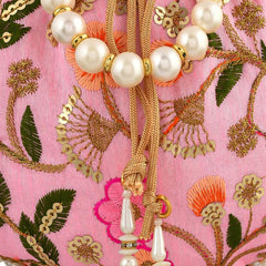 Kuber Industries Potli|Silk Wedding Potli|Christmas Gift Potli|Baby Shower Potli|Traditional Shagun Potli|Drawstring with Beads Handle Potli|New Flower Embroidery Potli|Pack of 3|Pink
