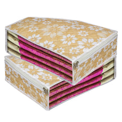 Heart Home Blouse Storage Bag | Waterproof Blouse Bag | Side Visible Window Bag | Wardrobe Clothes Organizer | Blouse Protector Bag | Flower Quilted Storage Bag | Pack of 2 | Golden