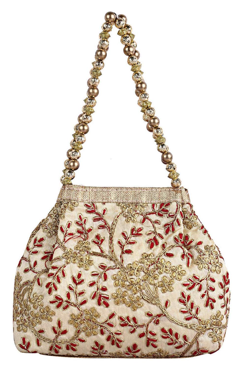 Heart Home Polyester Embroidered Woman Potli Bag, Cream - (CTHH015137)