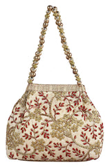Heart Home Polyester Embroidered Woman Potli Bag, Cream - (CTHH015137)