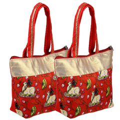 Kuber Industries Hand Purse|Traditional Mini Hand Bag|Silk Wallet Hand Bag|Shagun Hand Purse|Woman Tote Hand Bag|Gifts Hand Bag|Cow-Small Hand Purse|Pack of 2|Red