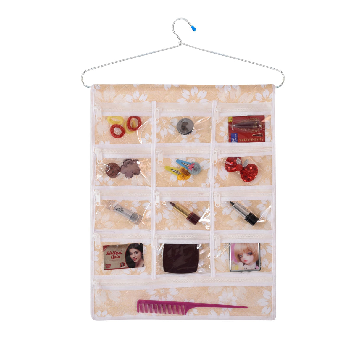 Heart Home Hanging Makeup Organizer | Waterproof Wall Hanging Organizer | 13 Pocket Jewellery Organizer | Cosmetic Organizer with Hanger | Flower Quilted | Golden