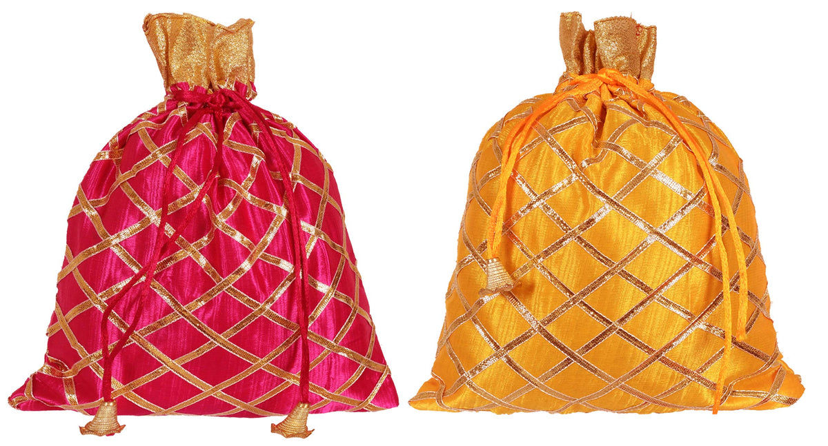 Kuber Industries Potli Bags Handbags for Women Gifting Wristlets for Wedding, Festival, Kitty Subh Shagun-Pack of 2 (Pink & Yellow)