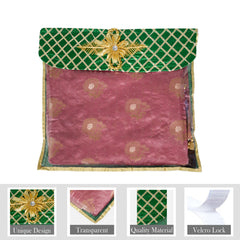 Heart Home Saree Cover | Clothes Storage Bag | Single Packing Saree with Velcro | Wardrobe Organizer | Cloth Stoarge Organizer | Check Jama Brooch-Design | Pack of 6 | Green