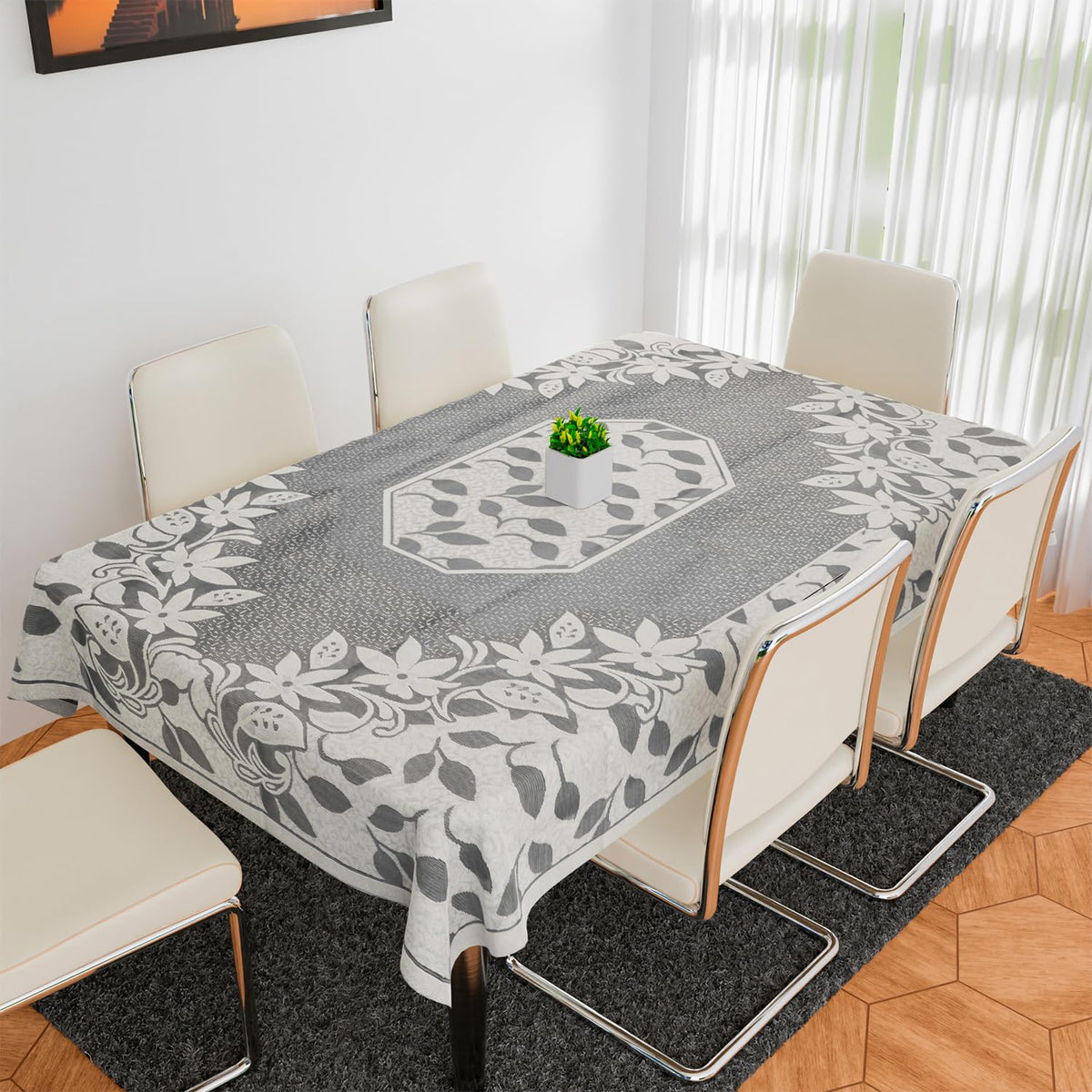 Heart Home Dining Table Cover | Net Table Cloth Cover | 6 Seater Table Cloth | Flower Table Cover | Table Protector | Table Cover for Dining Table | 60x90 Inch | S21 | Cream