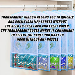 Heart Home Hanging Saree Cover | Brush Painting Pattern Saree Cover | Non-Woven Saree Covers for Home | Saree Cover with Small Transparent view | Pack of 6 | Sky Blue