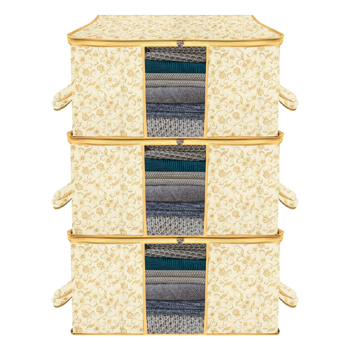 Heart Home Underbed Storage Bag | Clothes Storage Organizer | Blanket Cover with Clear Window | Zipper Closure & Handle Cloth Organizer | Leaf-Design | Large | Pack of 3 | Cream