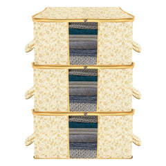 Heart Home Underbed Storage Bag | Clothes Storage Organizer | Blanket Cover with Clear Window | Zipper Closure & Handle Cloth Organizer | Leaf-Design | Large | Pack of 3 | Cream