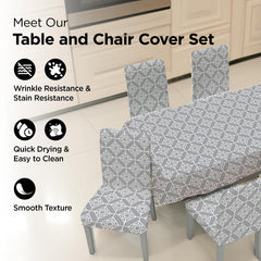 Kuber Industries Set of 5 Waterproof & Oil Repellent Dining Table Chair Cover 4 Seater Full Set | Washable & Dustproof Table & Seat Cover Protector Slipcover | Trellis Pattern Grey