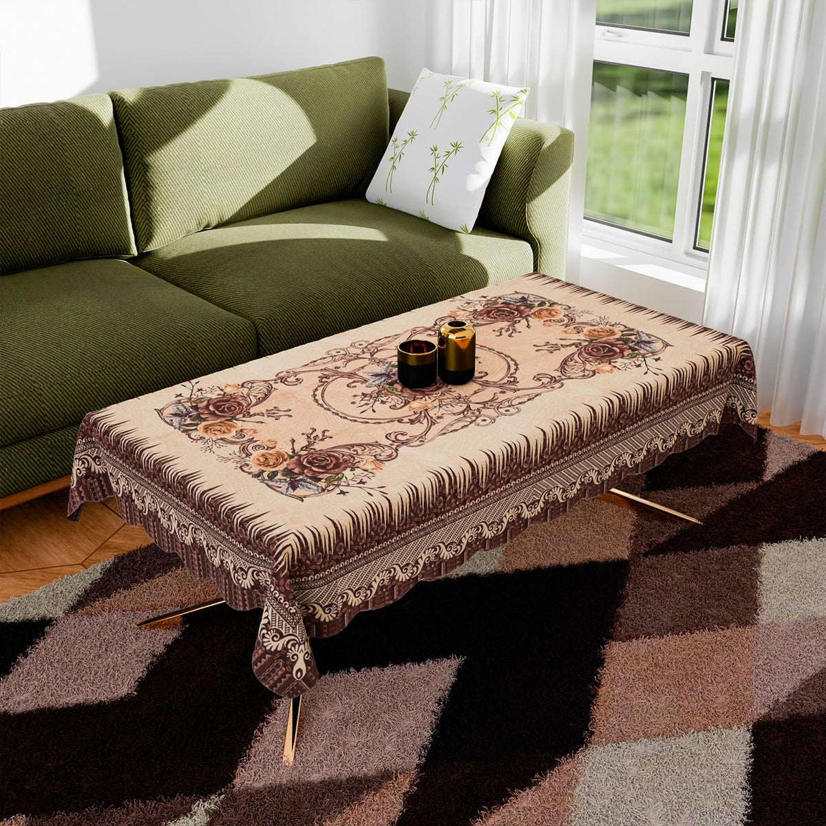 Heart Home Center Table Cover | Polyester Table Cloth Cover | 4 Seater Table Cloth | Pancy Panting Table Cover | Table Protector | Table Cover for Center Table | 40x60 Inch | Brown