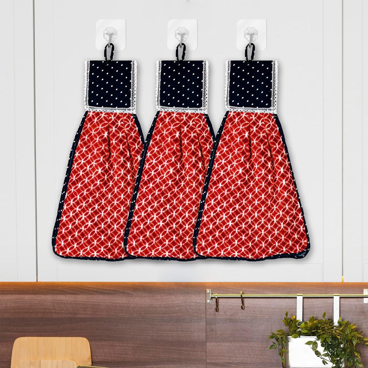 Kuber Industries Napkin | Washbasin Hanging Napkin | Kitchen Towel with Ties | Napkin for Kitchen | Circle Napkin for Bathroom | Hand Towel for Kitchen | Pack of 3 | Red