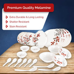 Kuber Industries 32 Pieces Round Melamine Microwave & Dishwasher Safe Dinnerware Kitchen Crockery Set | Glossy Dinner Sets & Kitchen Set for Home | Deluxe Red Gray Leaf - White