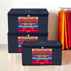 Heart Home Saree Cover | Zipper Closure Saree Storage Bag | Saree Organizer for Wardrobe with Handle | Transparent View Clothes Storage Bag for Lehenga | Side Dot-Design | Pack of 3 | Blue