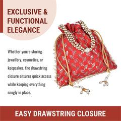 Heart Home Potli|Silk Wedding Potli|Drawstring Closure Potli|Wallet Potli|Christmas Gift Potli|Baby Shower Potli|Traditional Shagun Potli|Square Embroidery Potli|Red