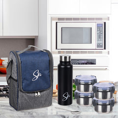 Heart Home Lunch Box Set | Lunch Box for Adult & Older Kids | 4 Containers & Bottle Lunch Box Set | Lunch Box for Office | Lunch Box for Collage | Clip Lock Lunch Set | Set of 7 | Blue