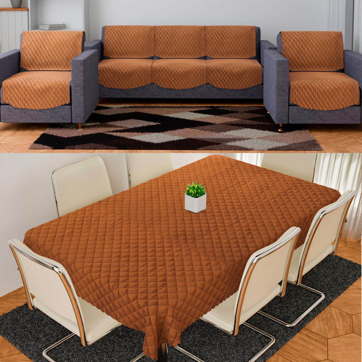 Heart Home Sofa-Center & Dining Table Cover Set | Quilted Sofa-Center & Dining Table Cover Combo | 5 Seater Sofa with Center-Dining Table Cover Set | Brown