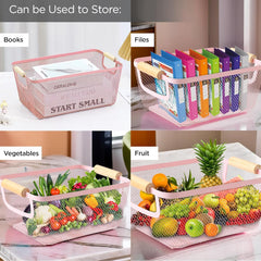 Urbane Home Metal Mesh Basket for storage with wooden handle | 360 gm | Fruit basket for kitchen | Kitchen Organizer | Baskets for organizing home & kitchen | Multipurpose | Pink