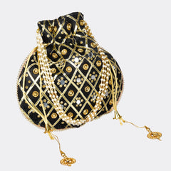 Kuber Industries Potli | Wedding Potli | Drawstring Potli with Handle | Wallet Potli | Christmas Gift Potli | Baby Shower Potli | Mirror Check-Shagun Potli | Black
