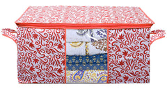 Kuber Industries Leaf Design 3 Piece Non Woven Underbed Storage Bag,Storage Organiser,Blanket Cover with Transparent Window,Extra Large, Red CTKTC34493