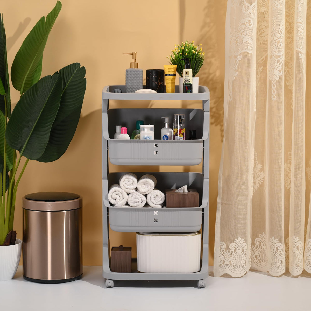 Kuber Industries Pack of 2 Adjustable Storage 3 Tier Shelf | Rolling Shelf | Multipurpose | Book, Kitchen, Laundry Storage Rack| MC2018-37 | Grey