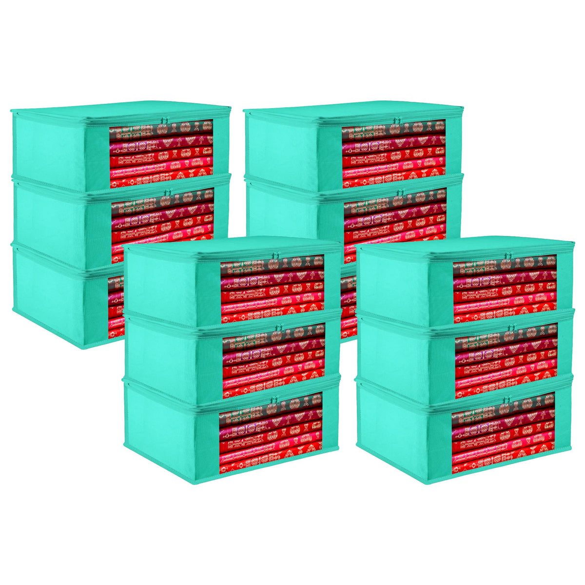 Heart Home Saree Cover | Clothes Storage Bag | Storage Organizer Bag | Zip Closure Saree Cover | Wardrobe Organizer | Plain Transparent Window Saree Cover | 6 Inch | Pack of 12 | Green