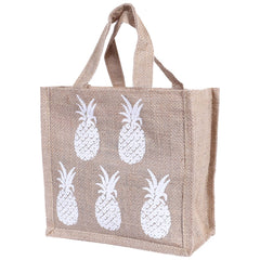 Kuber Industries Lunch Bag|Reusable Jute Fabric Tote Bag|Pineapple Print Tiffin Carry Hand Bag with Handle for Office,School,Gift,Pack of 4 (Brown)