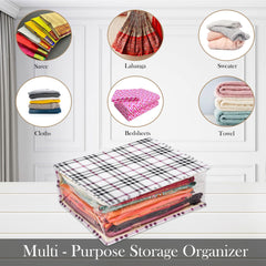 Heart Home Saree Cover | Clothes Storage Bag | Storage Organizer Bag | Zip Closure Saree Cover | Side Transparent Wardrobe Organizer | Check-Design | 6 Inch | Cream