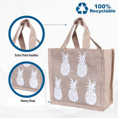 Kuber Industries Lunch Bag|Reusable Jute Fabric Tote Bag|Pineapple Print Tiffin Carry Hand Bag with Handle for Office,School,Gift,Pack of 4 (Brown)