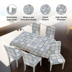 Kuber Industries Set of 7 Waterproof & Oil Repellent Dining Table Chair Cover 6 Seater Full Set | Washable & Dustproof Table & Seat Cover Protector Slipcover | White & Blue Checkered