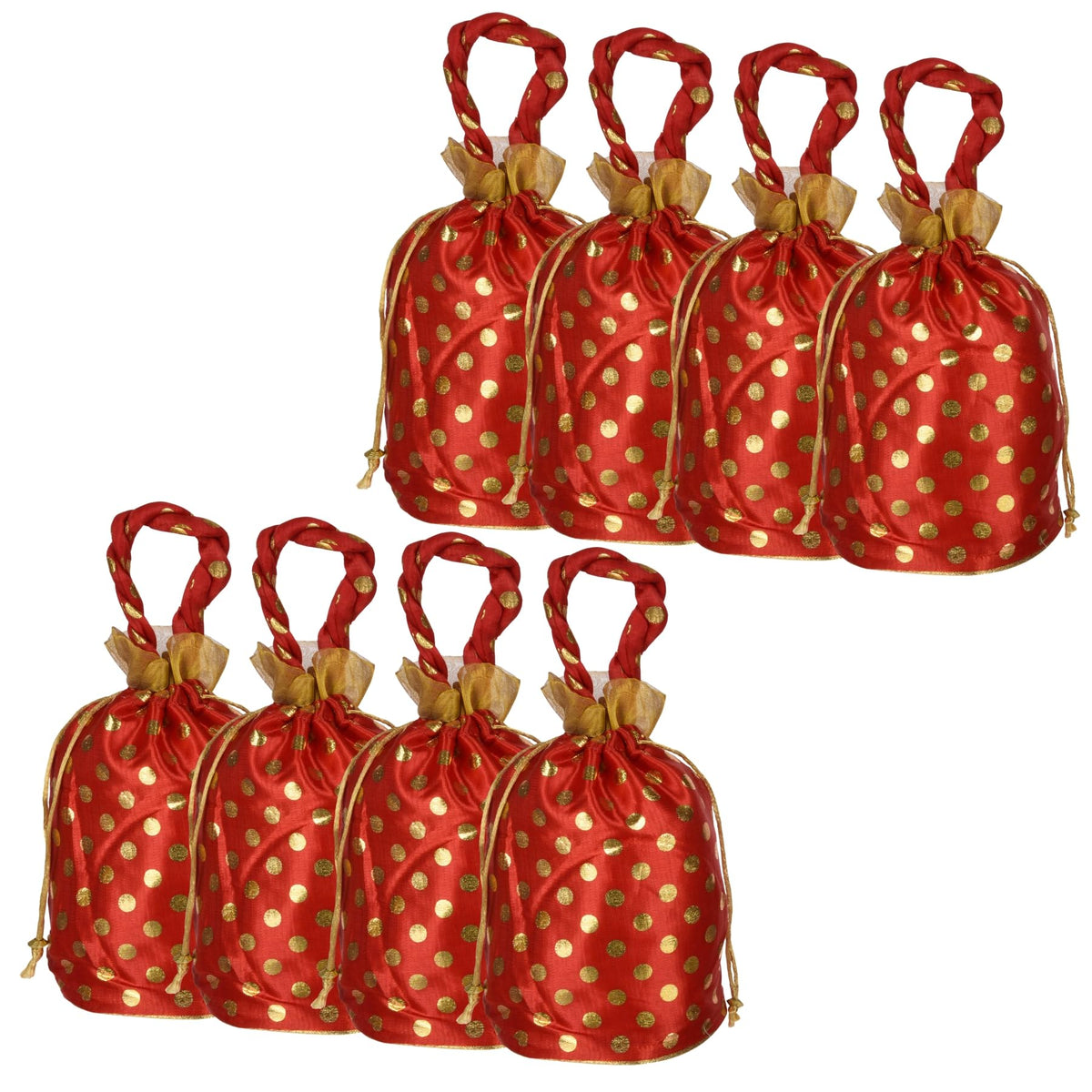 Kuber Industries Potli|Round Wedding Potli|Silk Drawstring Potli|Wallet Potli with Handle|Christmas Gift Potli|Baby Shower Potli|Traditional Shagun Potli|Golden Dot-Potli|Pack of 8|Red