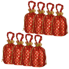 Kuber Industries Potli|Round Wedding Potli|Silk Drawstring Potli|Wallet Potli with Handle|Christmas Gift Potli|Baby Shower Potli|Traditional Shagun Potli|Golden Dot-Potli|Pack of 8|Red
