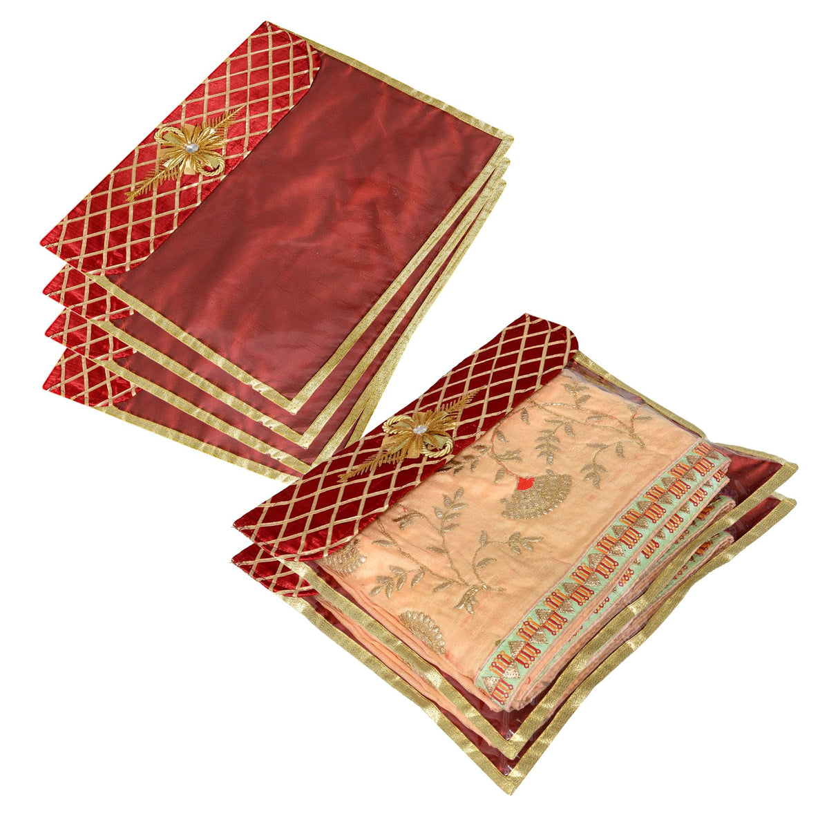 Heart Home Saree Cover | Clothes Storage Bag | Single Packing Saree with Velcro | Wardrobe Organizer | Cloth Stoarge Organizer | Check Jama Brooch-Design | Pack of 6 | Maroon