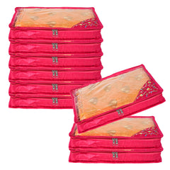 Heart Home Saree Cover | Clothes Storage Bag | Suit Packing Cover | Cloth Stoarge Organizer | Wardrobe Cloth Storage Organiser with Zip | Side Embroidery-Design | 3 Inch | Pack of 9 | Pink