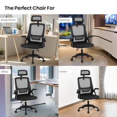 Kuber Industries Ergonomic Office Chairs for Work From Home | Comes with Manual Height Adjustable, Armrest, Headrest & Lumbar Support | Comfy Study Chair for Students with Wheels | Black | 2011-1W-BLK