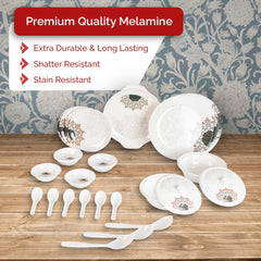 Heart Home 32 Pieces Round Melamine Microwave & Dishwasher Safe Dinnerware Kitchen Crockery Set | Glossy Dinner Sets & Kitchen Set for Home | Stylon Blue Vector Flower - White