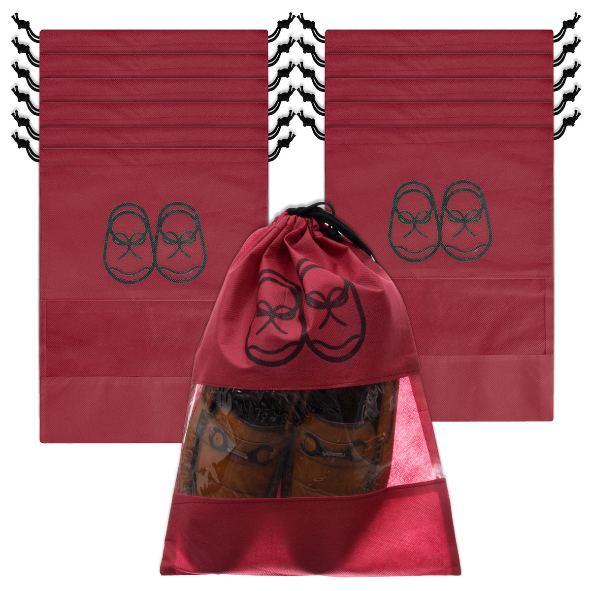 Heart Home Shoe Cover | Travel Shoe Storage Bags | Non-Woven Storage Bag | Shoe Cover with Drawstring | Shoe Organizer with Clear window | Plain | Pack of 12 | Maroon