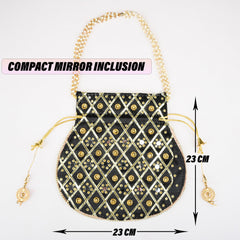 Kuber Industries Potli | Wedding Potli | Drawstring Potli with Handle | Wallet Potli | Christmas Gift Potli | Baby Shower Potli | Mirror Check-Shagun Potli | Black