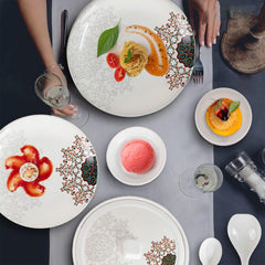 Heart Home 32 Pieces Round Melamine Microwave & Dishwasher Safe Dinnerware Kitchen Crockery Set | Glossy Dinner Sets & Kitchen Set for Home | Stylon Blue Vector Flower - White