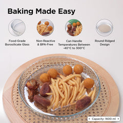 Kuber Industries 1600 ml Borosilicate Glass Baking Tray | Transparent Microwave Oven Safe Utensils | Round Bread Moulds for Baking | Dishwasher & Freezer Safe | Multipurpose use Serving Tray