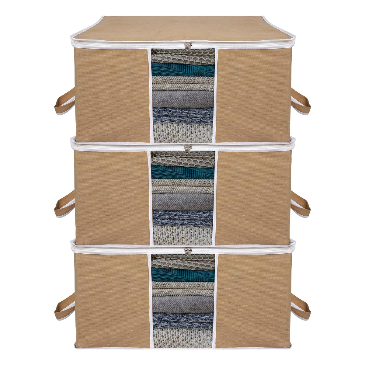 Heart Home Underbed Storage Bag | Clothes Storage Organizer | Blanket Cover with Clear Window | Zipper Closure & Handle Cloth Organizer | Plain White Border | Large | Pack of 3 | Brown