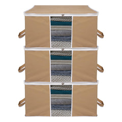 Heart Home Underbed Storage Bag | Clothes Storage Organizer | Blanket Cover with Clear Window | Zipper Closure & Handle Cloth Organizer | Plain White Border | Large | Pack of 3 | Brown