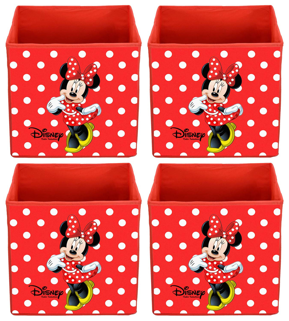 Kuber Industries Disney Minnie Print Non Woven Fabric 4 Pieces Foldable Large Size Cloth Storage Box Toy,Books Wardrobe Organiser Cube with Handle (Red)